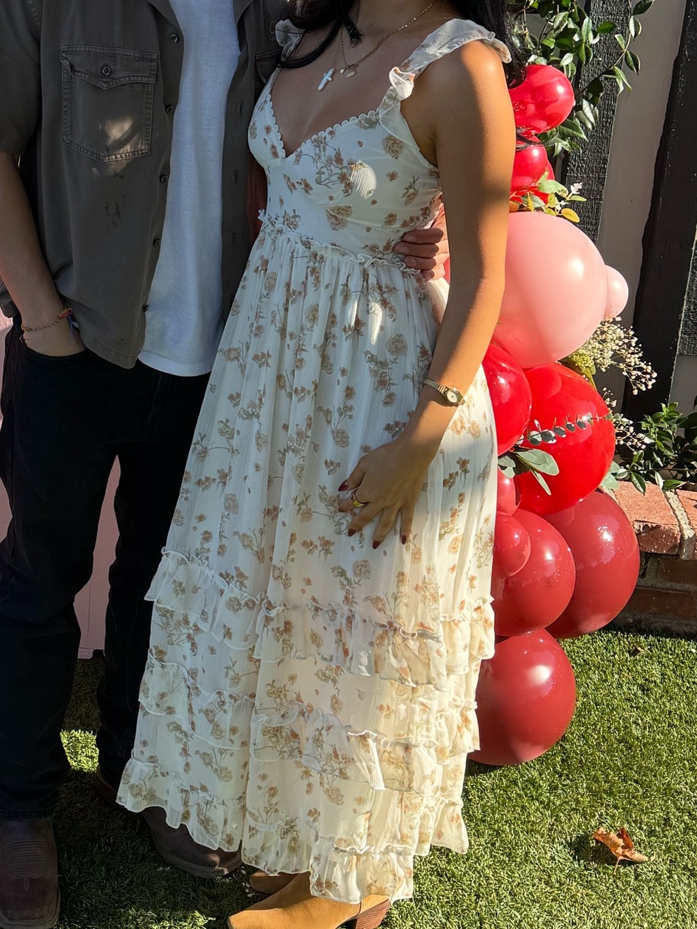 Cream Floral Ruffled Midi Dress - Picture 3 of 3